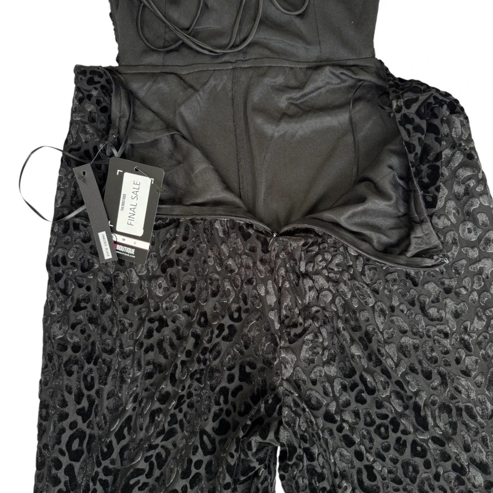 Strappy Cut-Out Velvet Jumpsuit Women S Black Wide Leg Leopard Chic Glam Sexy